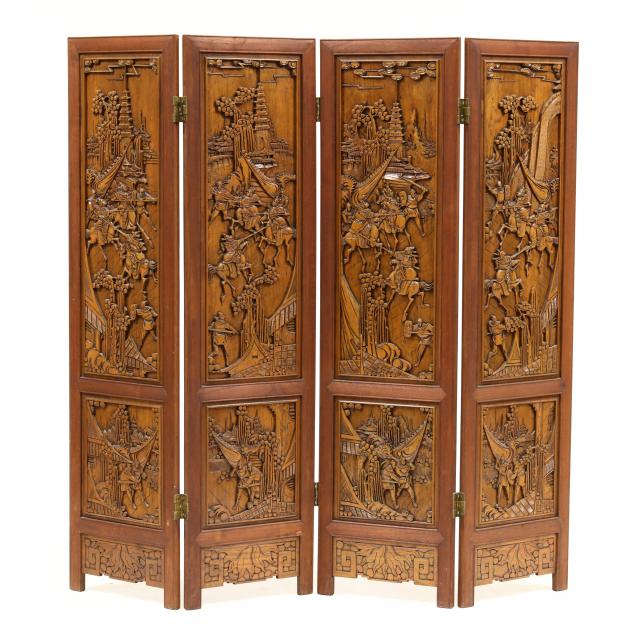 CHINESE CARVED HARDWOOD FOUR PANEL