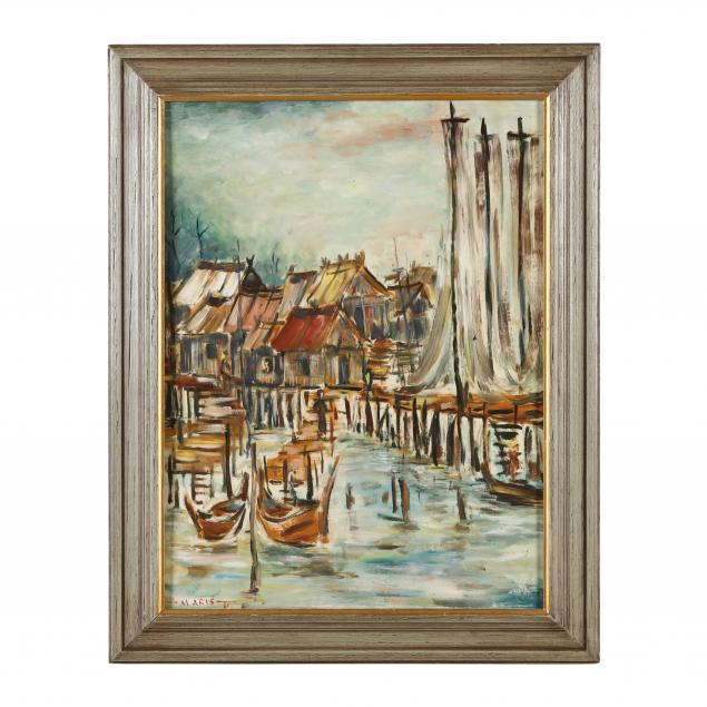 A MID CENTURY PAINTING OF A WATERFRONT 2ef338