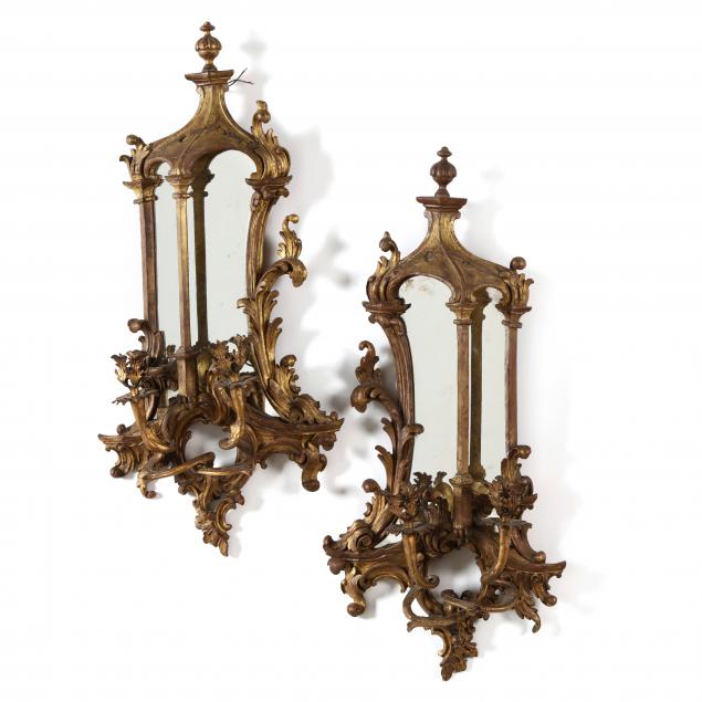 PAIR OF ROCOCO STYLE GILTWOOD MIRRORED