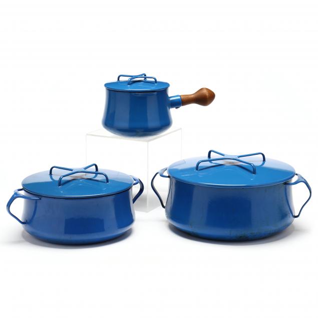 THREE DANSK KøBENSTYLE BLUE ENAMEL