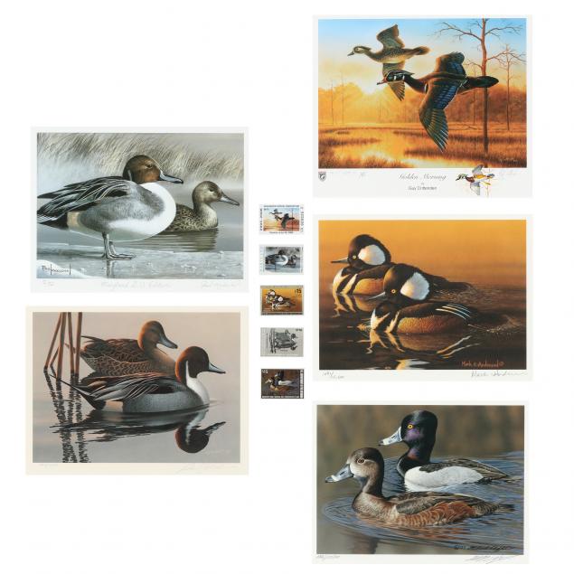 FIVE FRAMED DUCK STAMPS AND PRINTS To