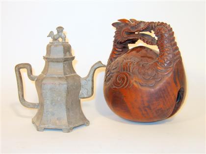 Chinese pewter teapot, and wood