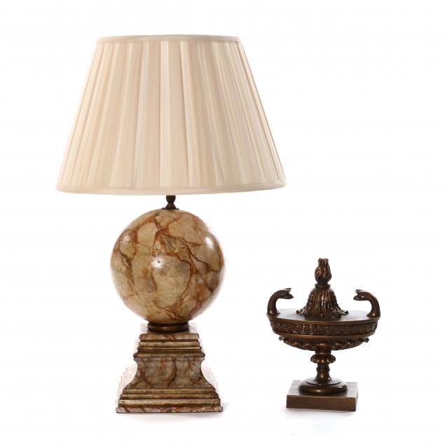 A FAUX PAINTED TABLE LAMP AND URN 2ef8d7