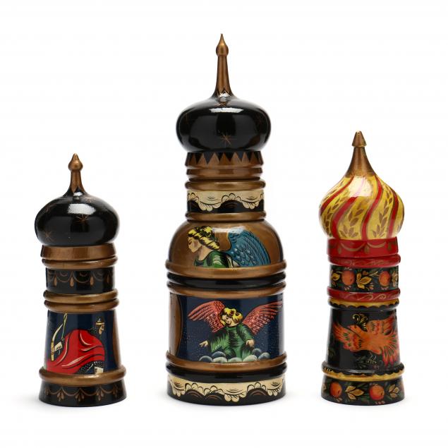 THREE RUSSIAN LACQUERED STACKING