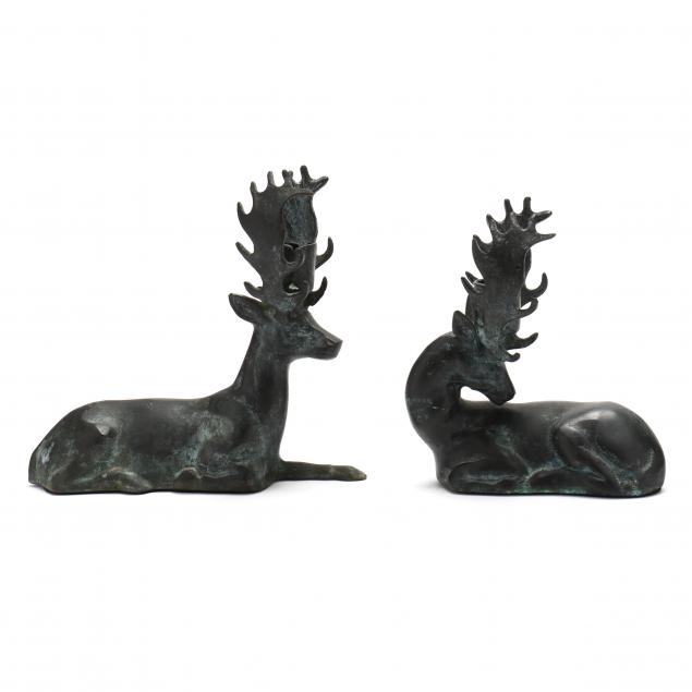 PAIR OF CAST METAL RECUMBENT STAG