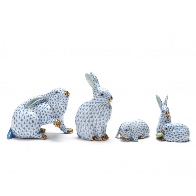 FOUR HEREND RABBITS IN BLUE FISHNET