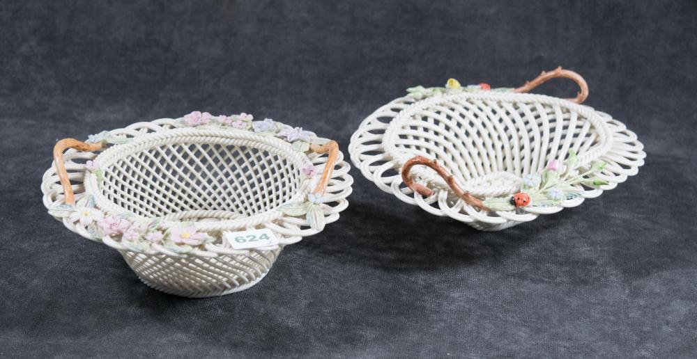 TWO BELLEEK TWIG BASKETS, ONE WITH FOUR