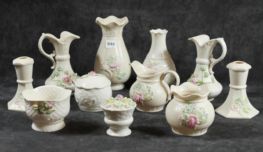 ELEVEN ASSORTED BELLEEK PORCELAINS WITH