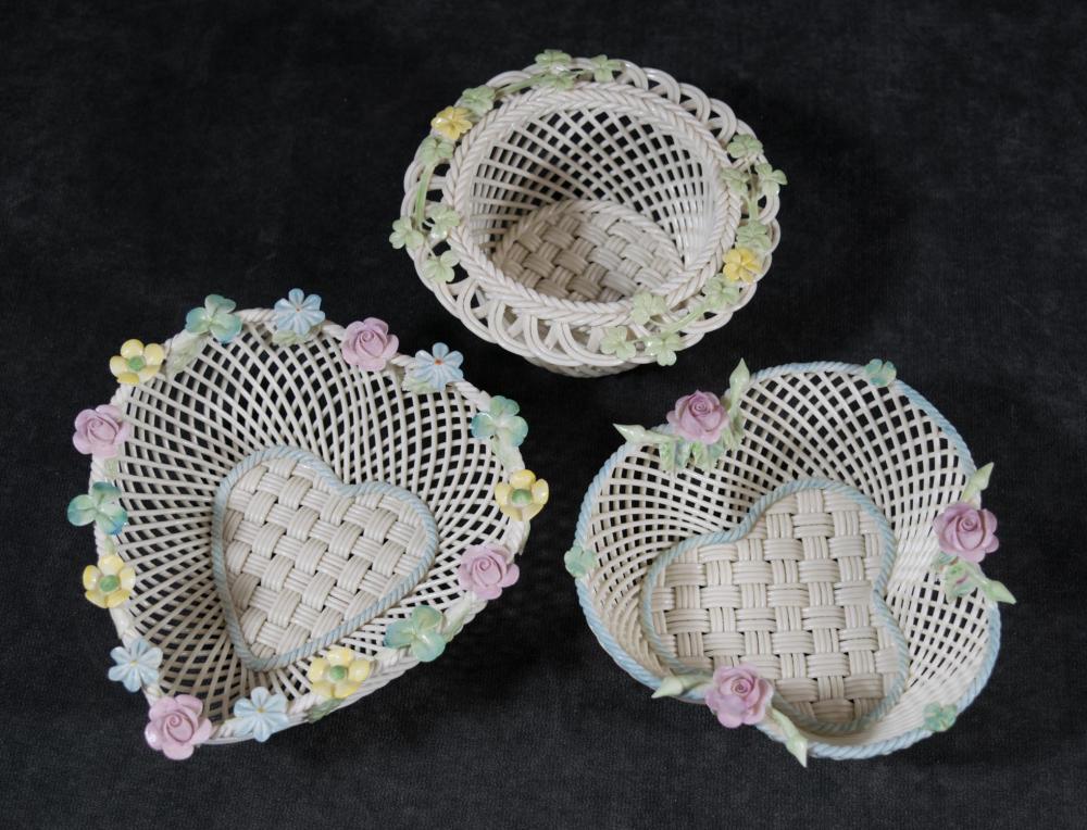 THREE BELLEEK PORCELAIN BASKETS WITH