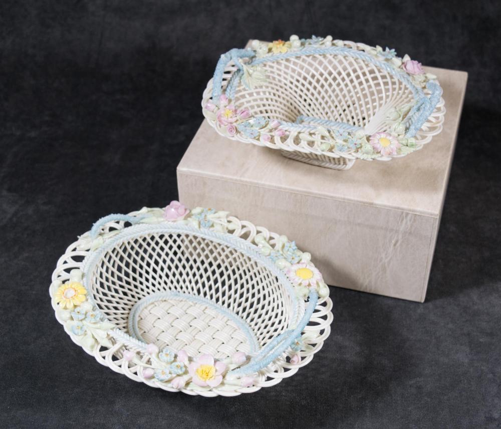 TWO BELLEEK PORCELAIN BASKETS WITH