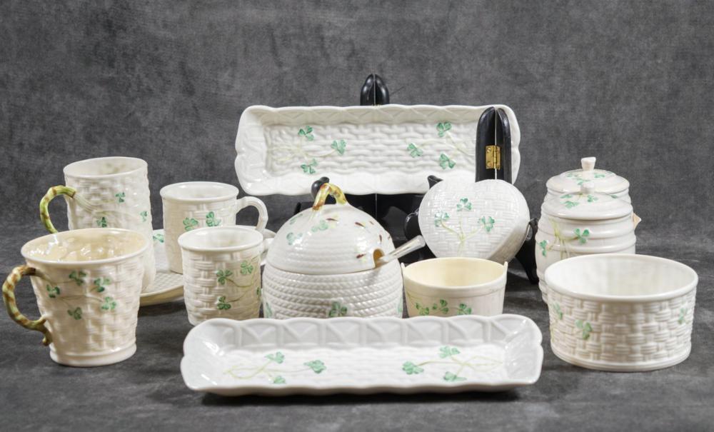 THIRTEEN BELLEEK SHAMROCK PORCELAINS: