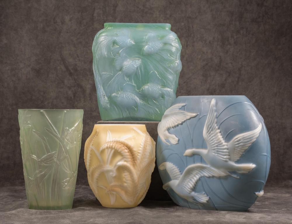 FOUR PHOENIX SCULPTURED ART GLASS