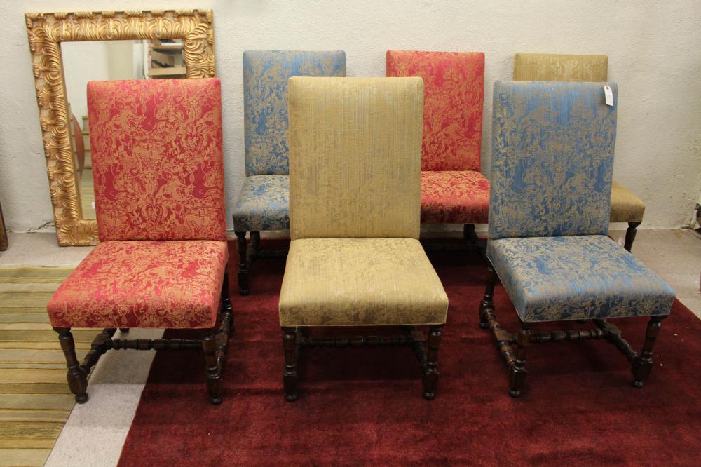 A SET OF SIX UPHOLSTERED DINING