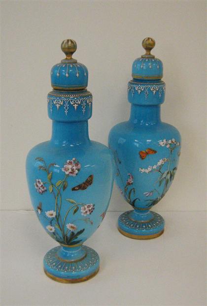 Pair of blue opaline glass covered