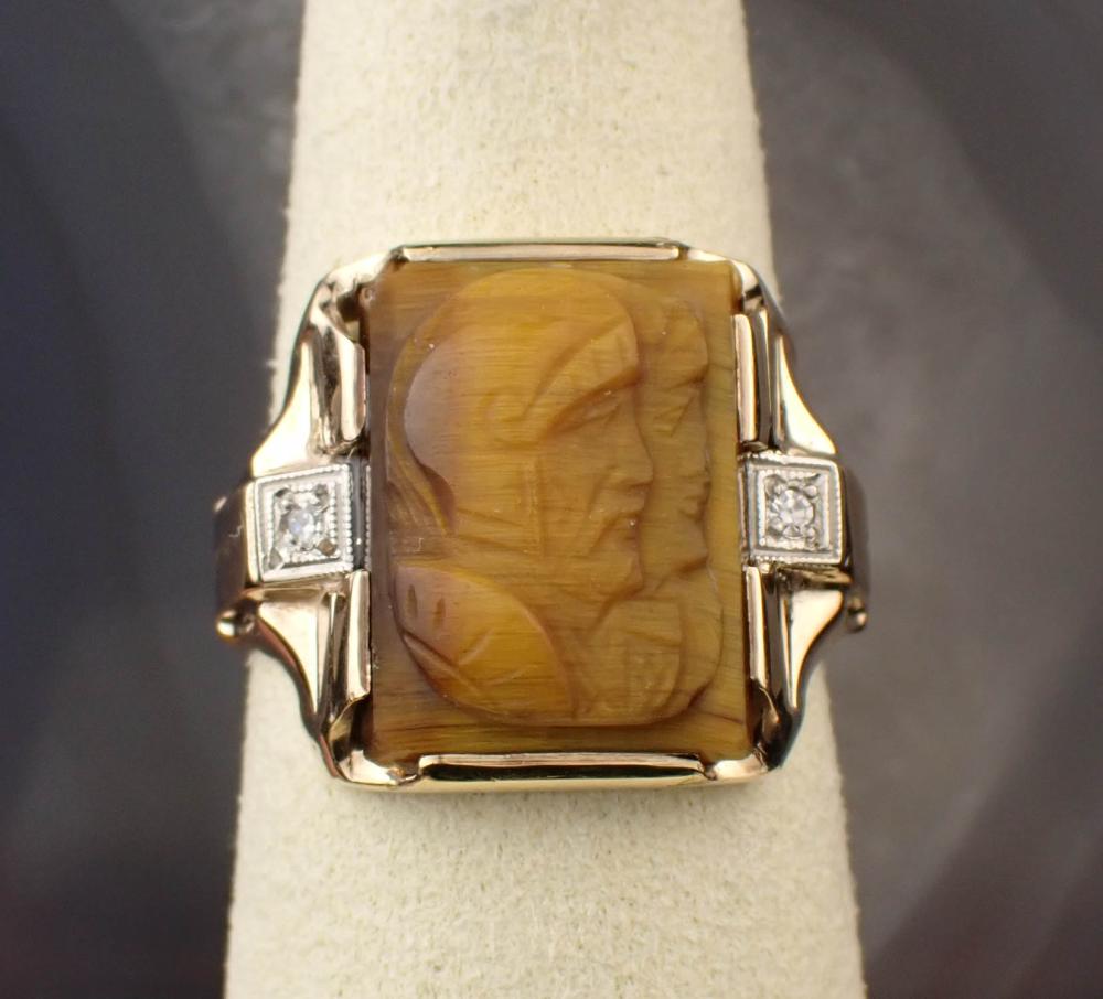 TIGER'S EYE AND YELLOW GOLD ARTCARVED