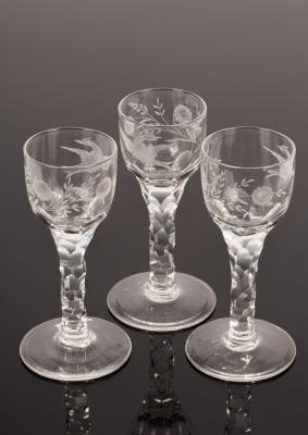Three 18th Century style wine glasses