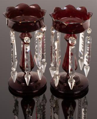 A pair of ruby glass lustres, with petal