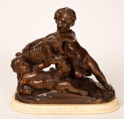 A figure of putti with a goat, bronze,