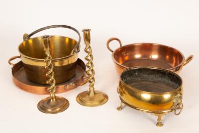 Two copper preserving pans, a brass