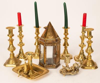 Three pairs of baluster brass candlesticks,