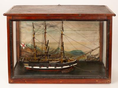 A wooden model of a three-master ship