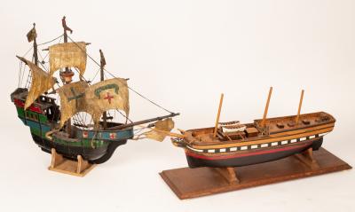 A wooden model of a three-master ship,