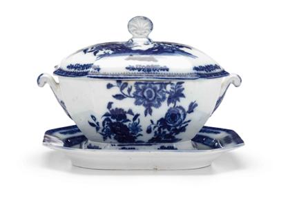 Flow blue octagonal soup tureen and