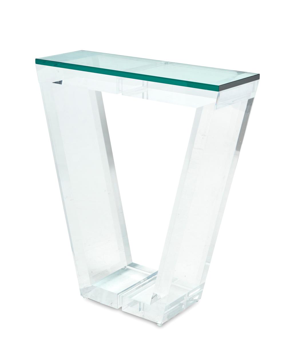 A POSTMODERN LUCITE AND GLASS CONSOLE