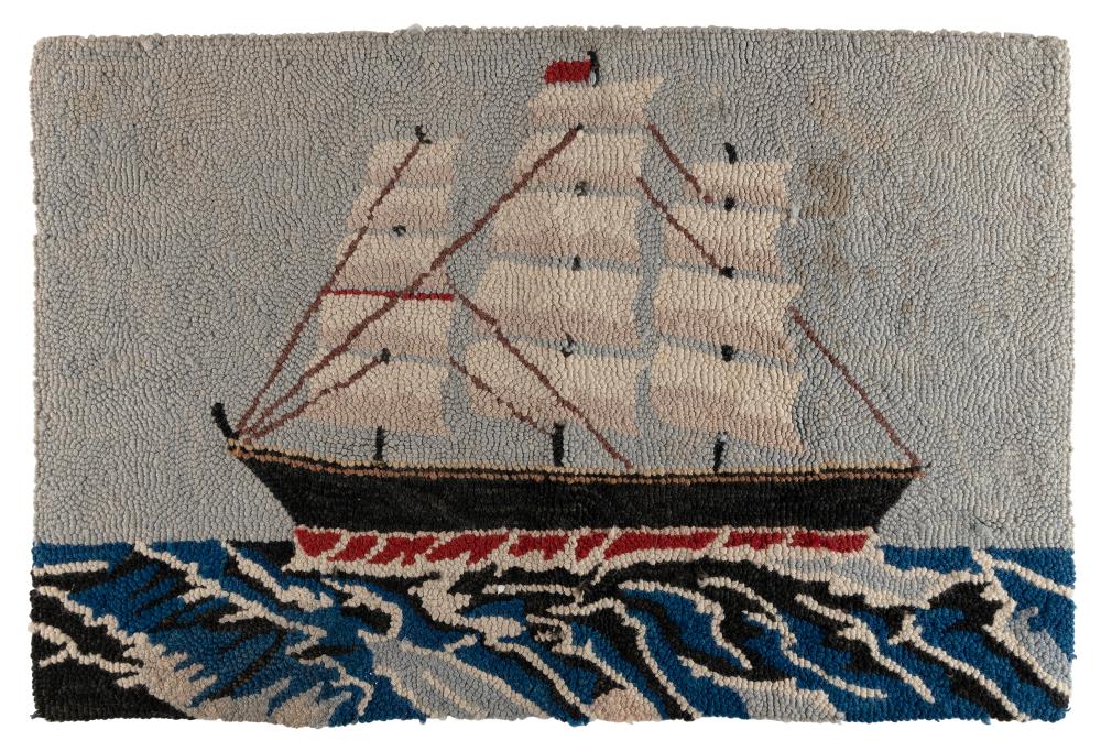 HOOKED RUG DEPICTING A THREE-MASTED