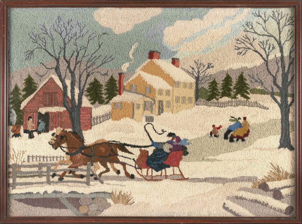 HOOKED RUG DEPICTING A WINTER VILLAGE 2f10c7