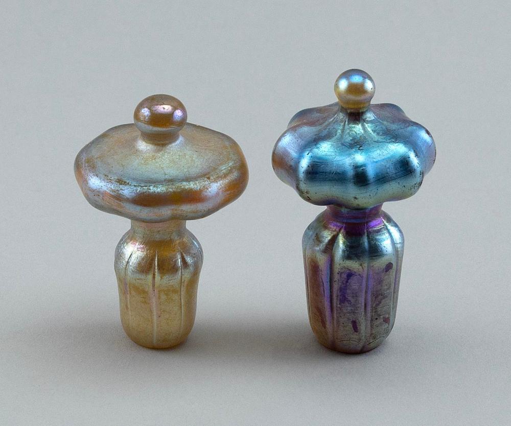 TWO IRIDESCENT GLASS BOTTLE STOPPERS