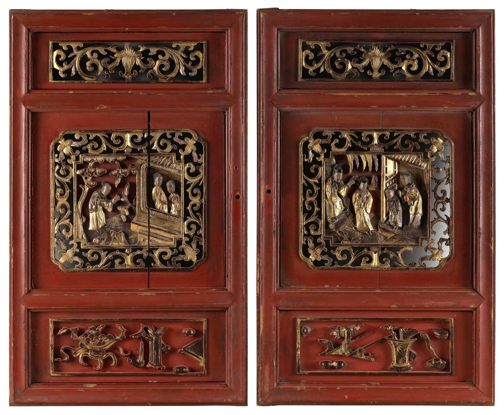 PAIR OF CHINESE CARVED, RED LACQUERED