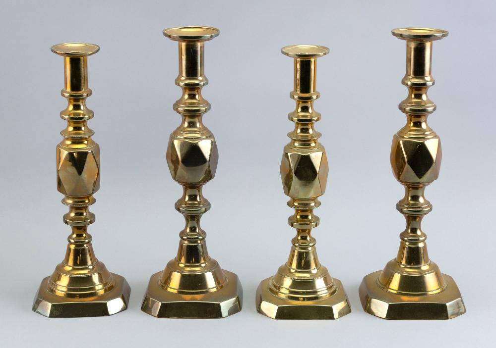 TWO PAIRS OF ENGLISH BRASS KING 2f14df