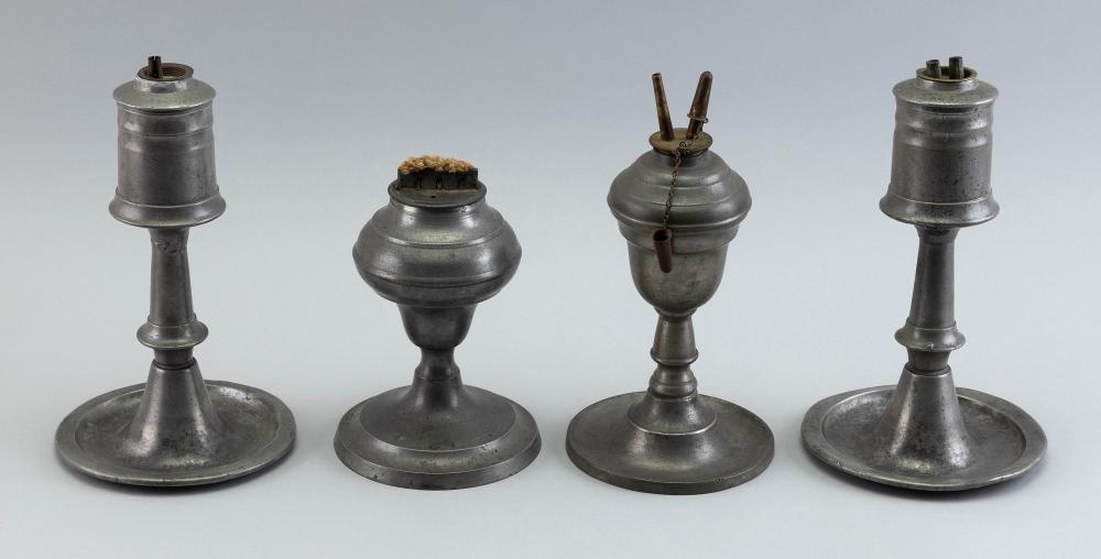 FOUR EARLY PEWTER LAMPS 19TH CENTURY