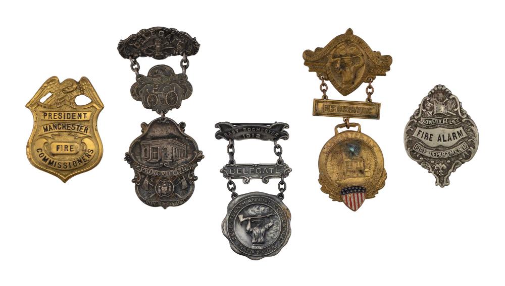 FIVE FIRE BADGES 19TH/EARLY 20TH