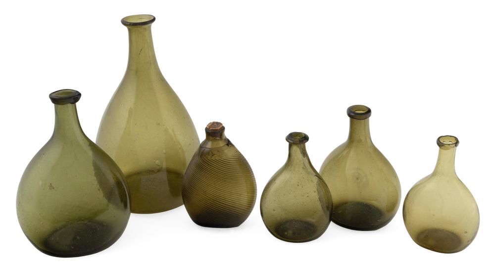 SIX OLIVE GREEN BLOWN GLASS FLASKS