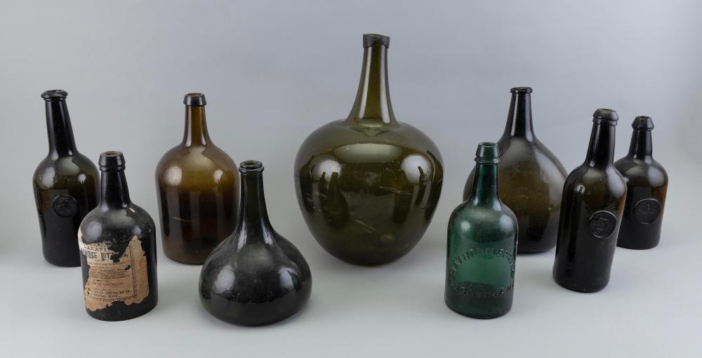 NINE ASSORTED BLOWN GLASS BOTTLES 2f1865