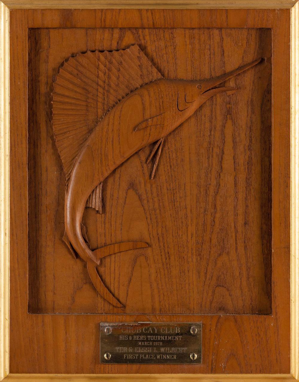 WOOD CARVING BAS RELIEF SWORDFISH