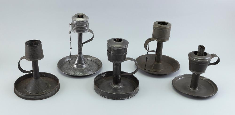 FIVE TIN OIL LAMPS EARLY 19TH CENTURY