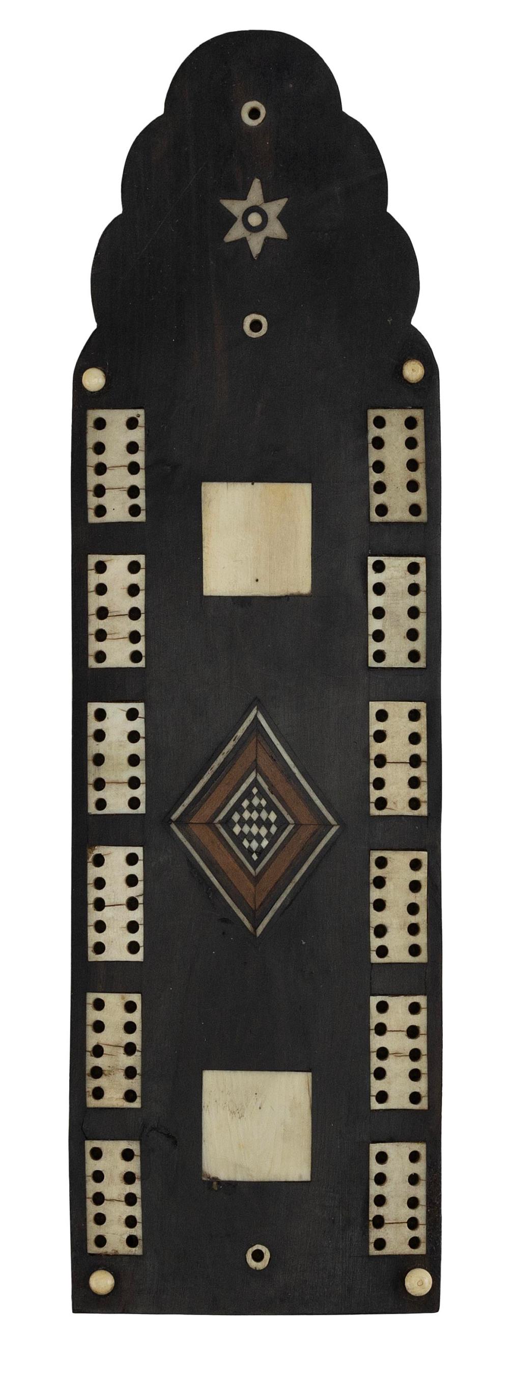 INLAID WOOD AND BONE CRIBBAGE BOARD