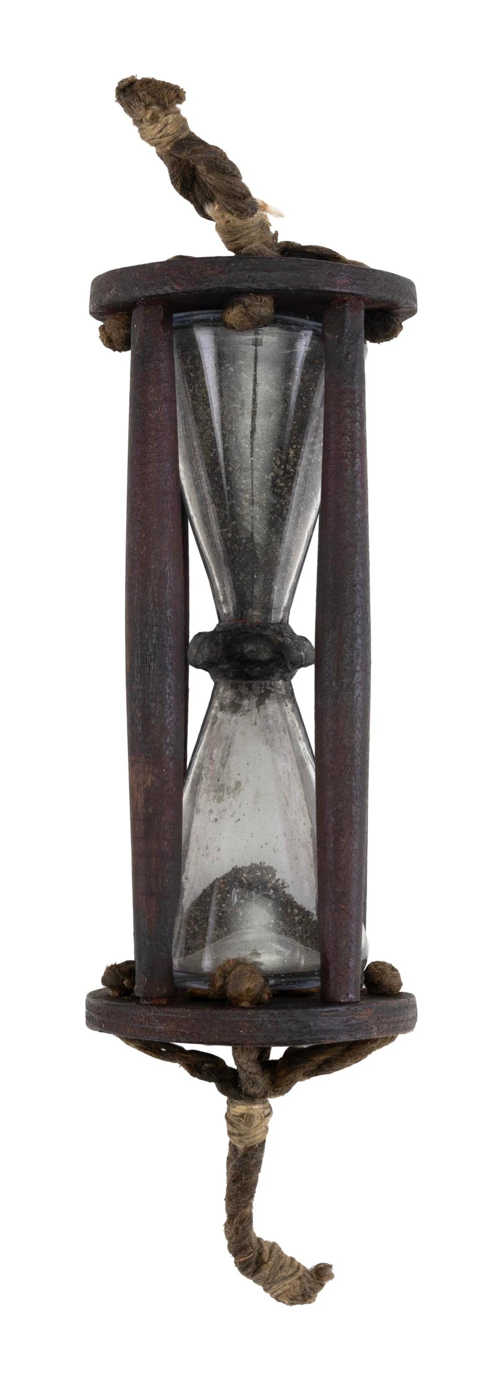 WOOD AND GLASS HOURGLASS LATE 18TH/EARLY