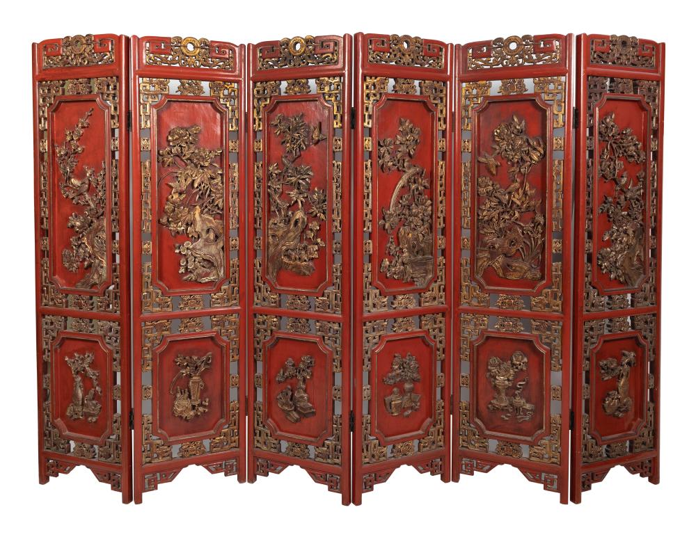 SIX-PANEL RED AND GILT LACQUERED