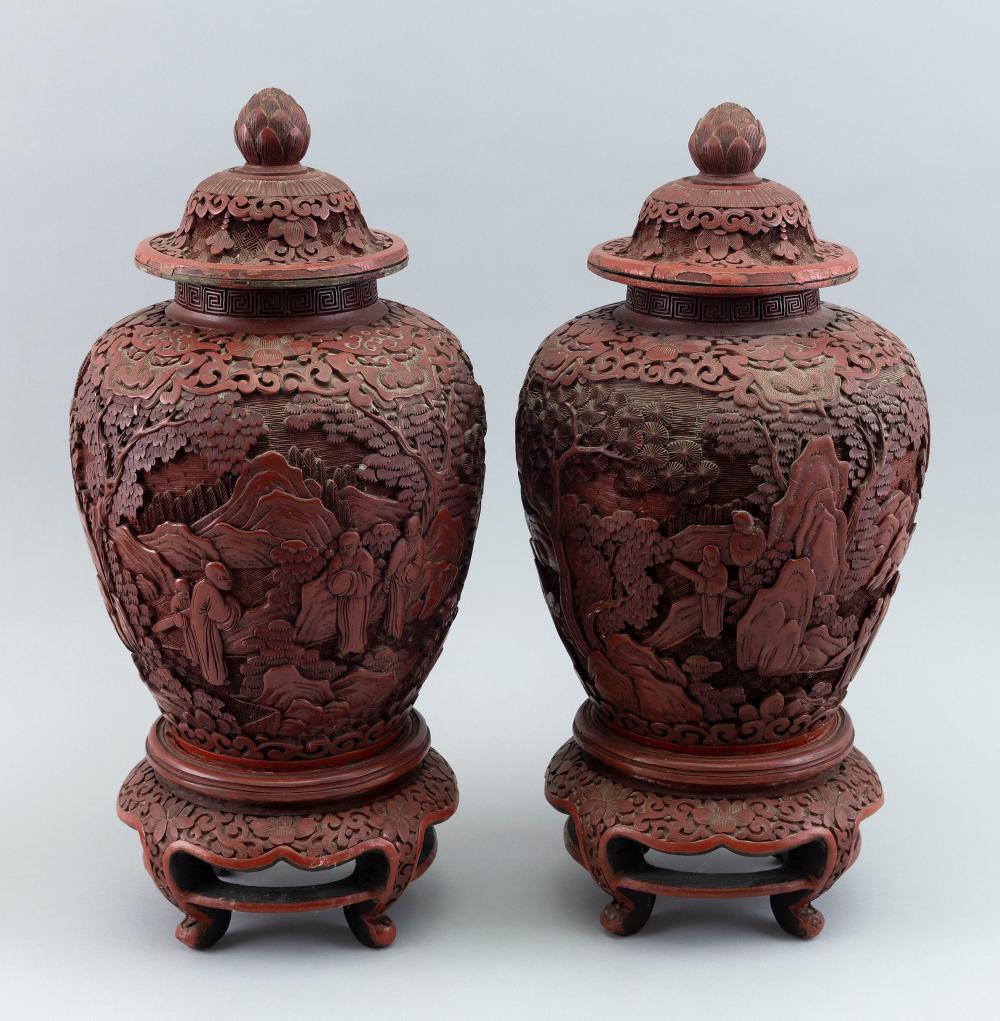PAIR OF CHINESE CINNABAR COVERED