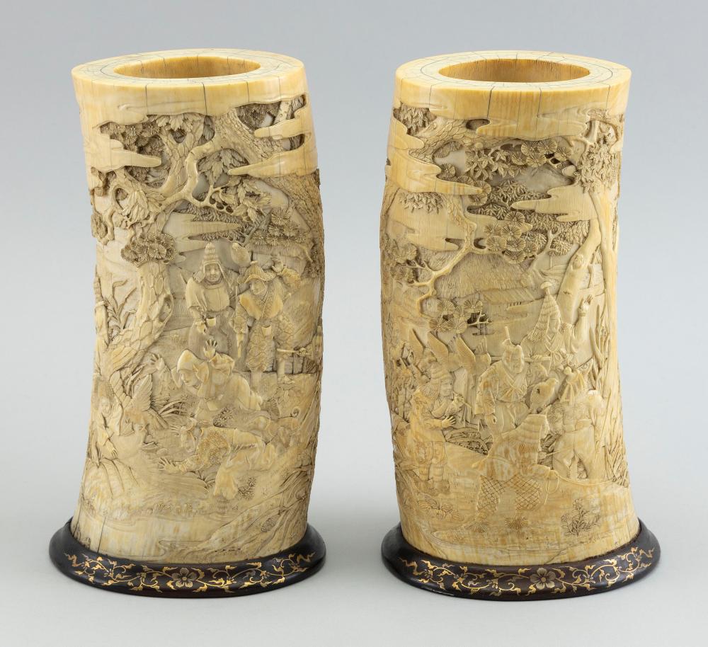 PAIR OF CHINESE CARVED TUSK VASES