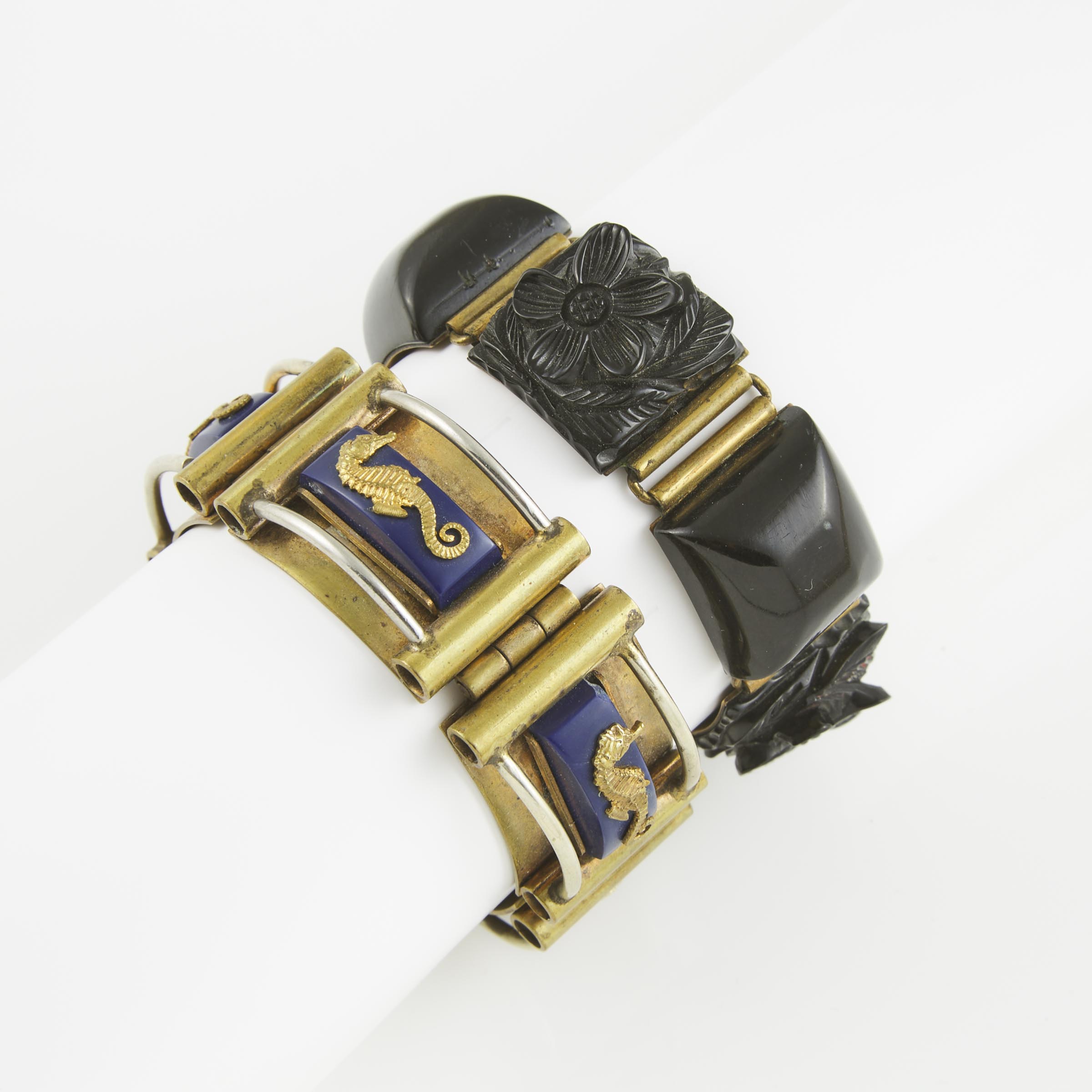 2 Brass And Carved Bakelite Bracelets 2f2119