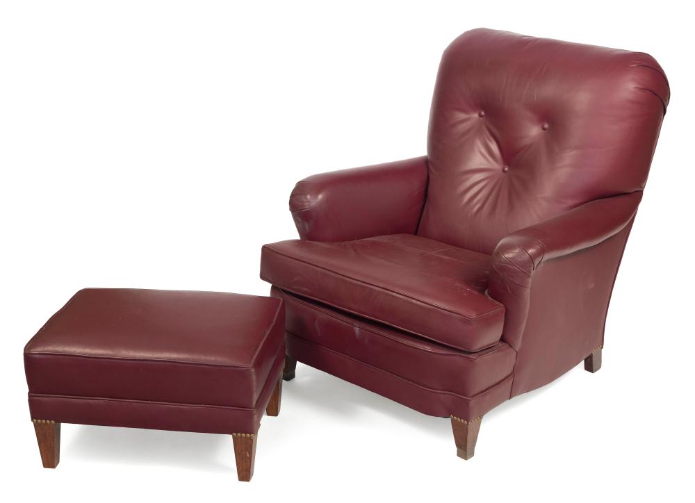 RED LEATHER ARMCHAIR AND OTTOMAN