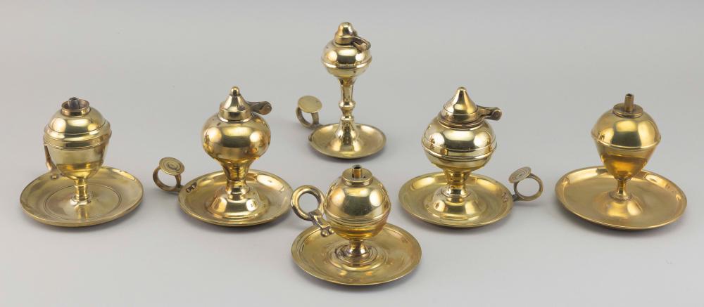 SIX BRASS SAUCER-BASE LAMPS 19TH