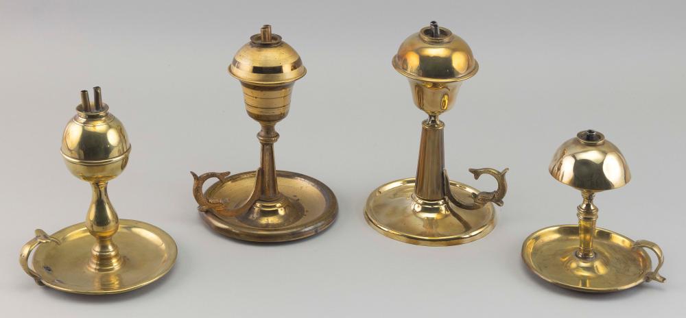FOUR BRASS SAUCER-BASE LAMPS 19TH
