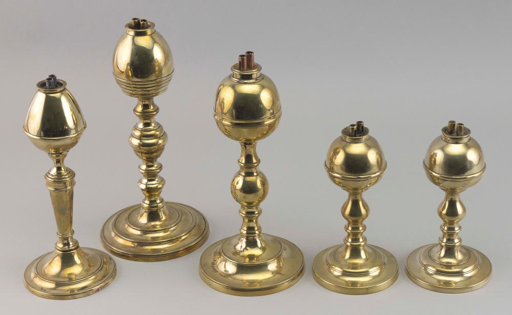 FIVE BRASS WHALE OIL LAMPS 19TH 2f25da