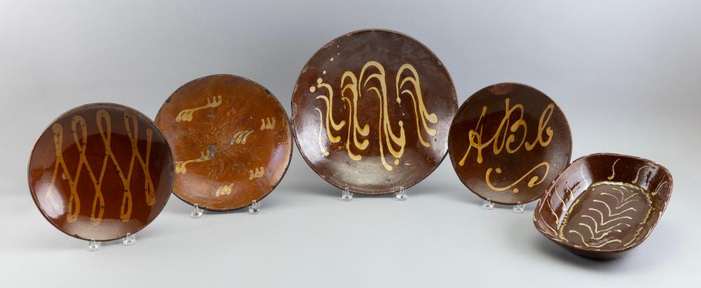 FIVE PIECES OF SLIP-DECORATED REDWARE